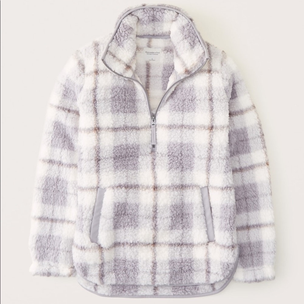 Abercrombie & Fitch Plaid Fleece Pullover - White and Gray